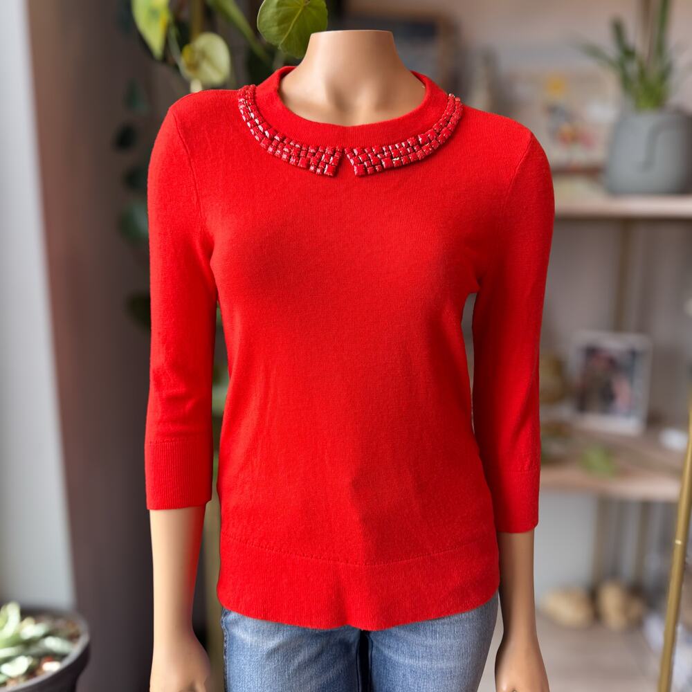 Kate Spade Avaline Red Wool Cashmere Embellished Beaded Collar Sweater - Medium